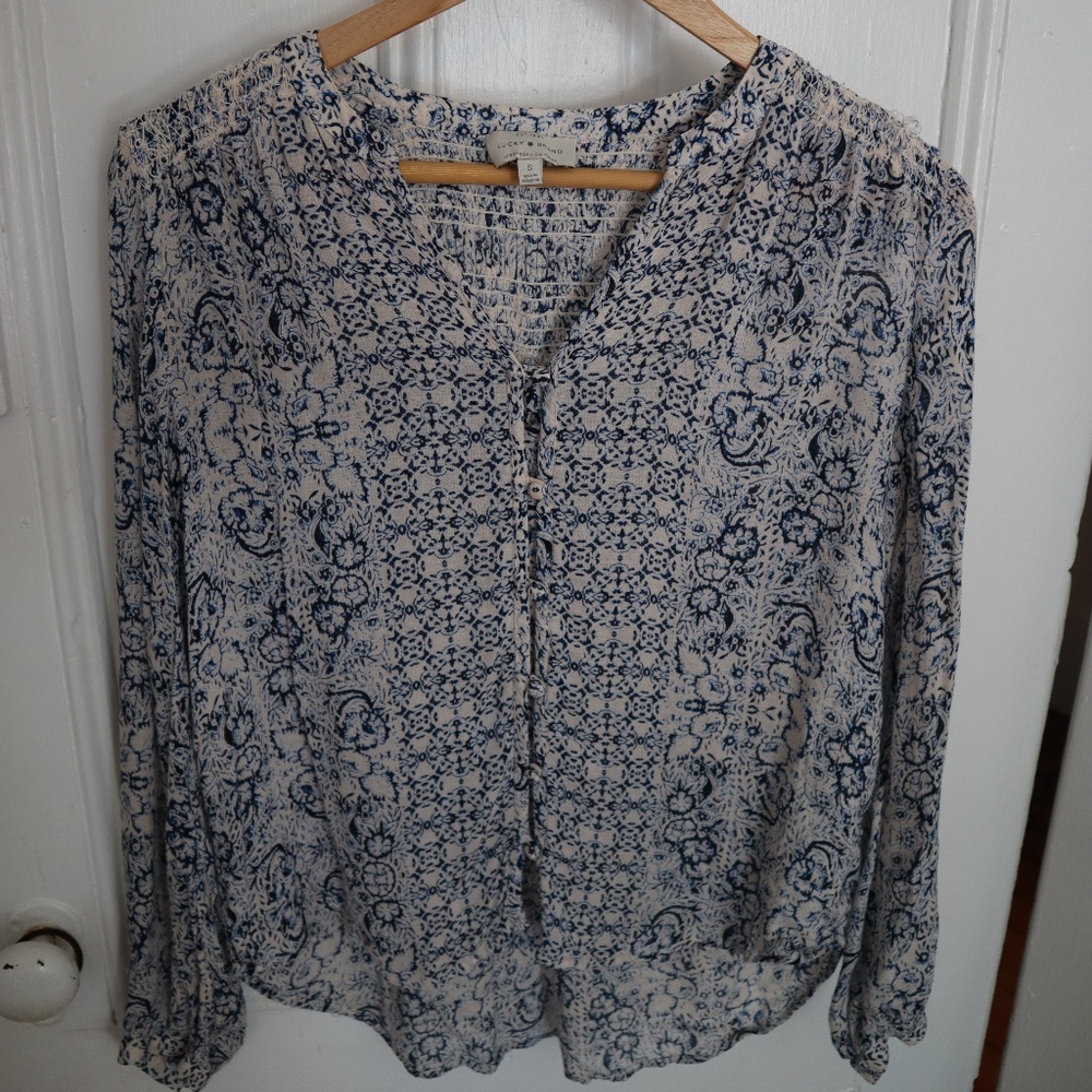 Lucky Brand Boho Floral Top | Blue/White | S